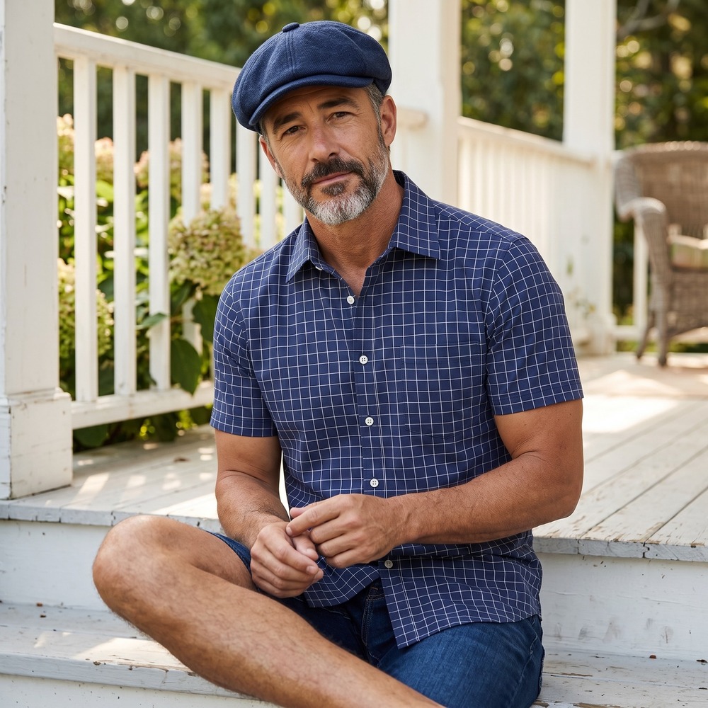 Mizzen+Main Mens Lightweight Leeward Trim Fit Navy Windowpane Short Sleeve SM